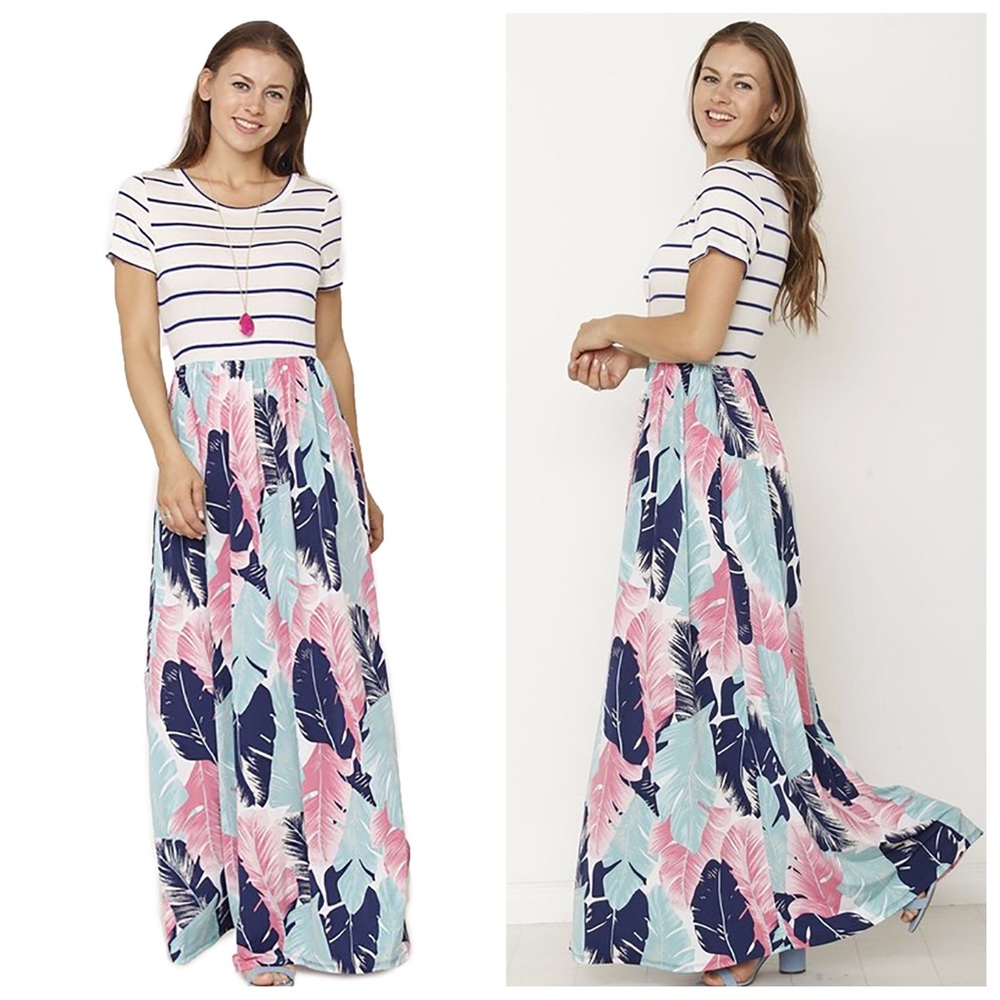 Palm Paradise Stripe Pink Navy Maxi Short Sleeves